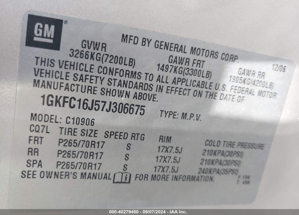 2007 GMC YUKON XL 1500 SLE VIN: 1GKFC16J57J306675