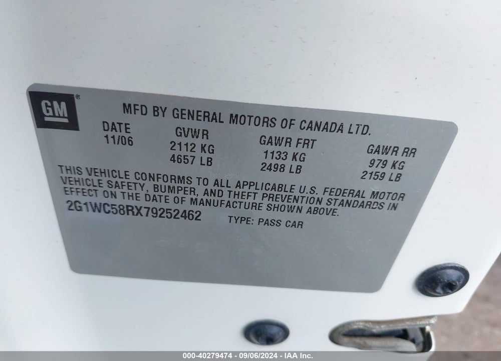 2007 CHEVROLET IMPALA LT VIN: 2G1WC58RX79252462