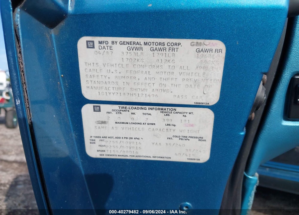 1987 CHEVROLET CORVETTE VIN: 1G1YY2187H5121496