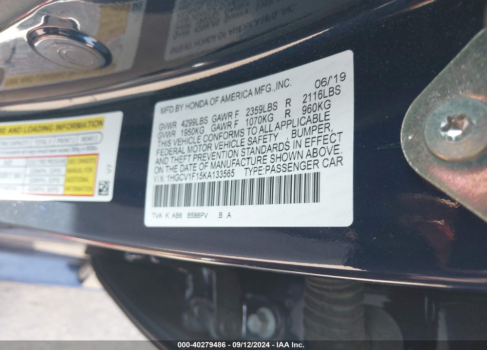 2019 HONDA ACCORD LX VIN: 1HGCV1F15KA133565