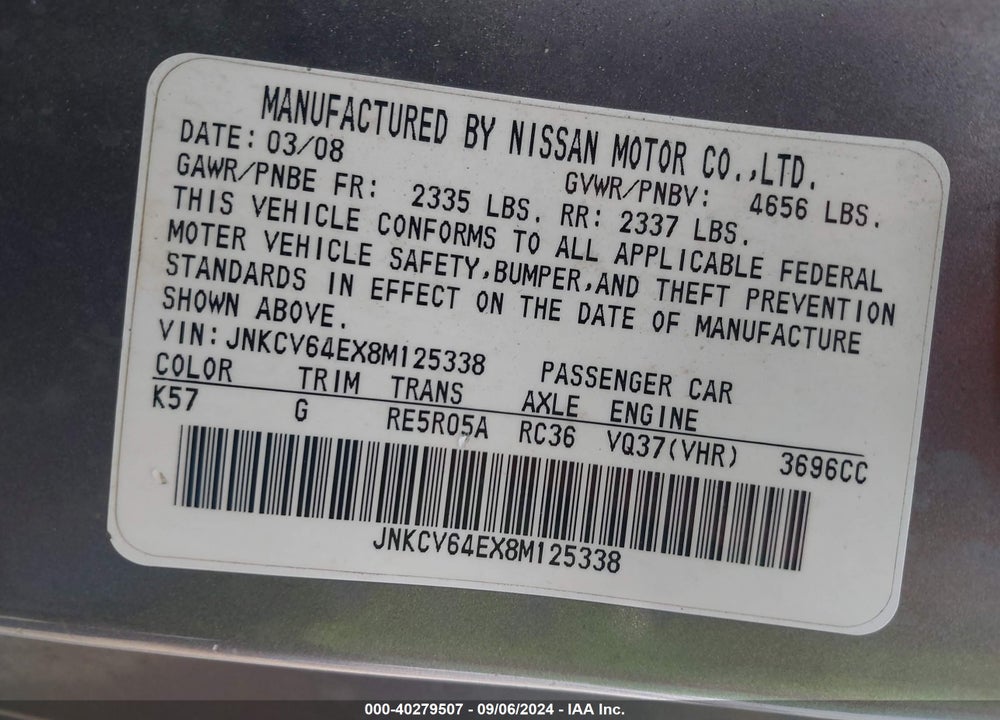 2008 INFINITI G37 JOURNEY VIN: JNKCV64EX8M125338