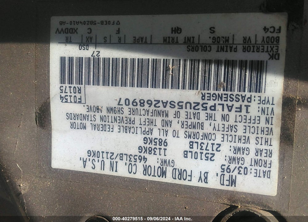 1995 FORD TAURUS GL/SE VIN: 1FALP52U5SA268907