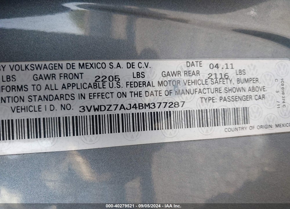 2011 VOLKSWAGEN JETTA 2.5L SE VIN: 3VWDZ7AJ4BM377287