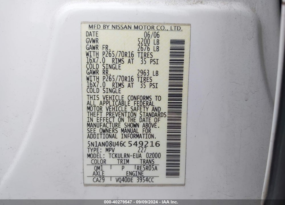 2006 NISSAN XTERRA S VIN: 5N1AN08U46C549216