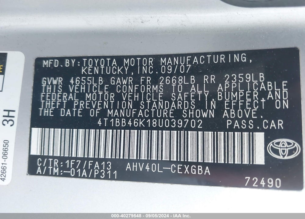 2008 TOYOTA CAMRY HYBRID VIN: 4T1BB46K18U039702