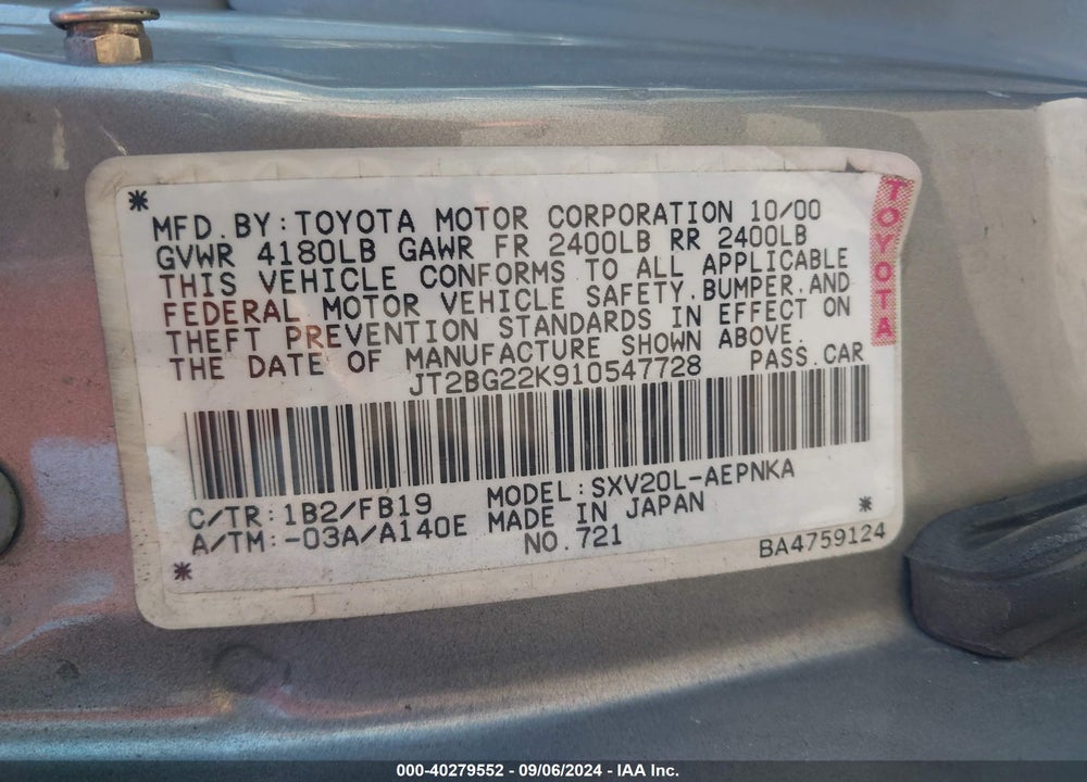 2001 TOYOTA CAMRY LE VIN: JT2BG22K910547728