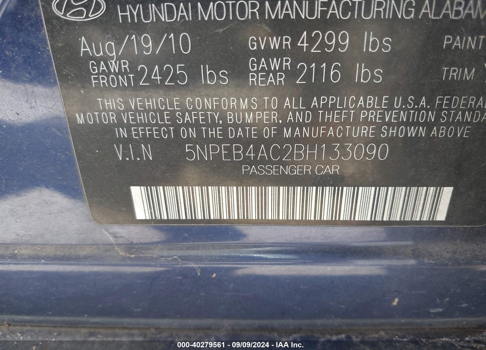 2011 HYUNDAI SONATA GLS VIN: 5NPEB4AC2BH133090