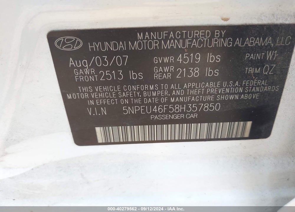 2008 HYUNDAI SONATA VIN: 5NPEU46F58H357850