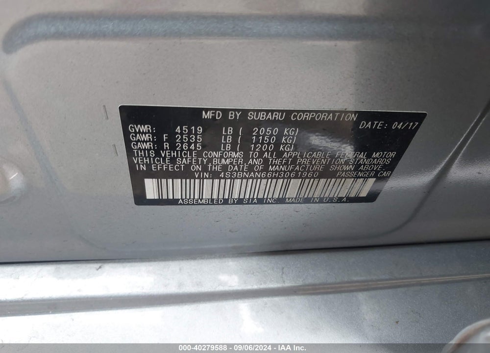 2017 SUBARU LEGACY 2.5I LIMITED VIN: 4S3BNAN66H3061960