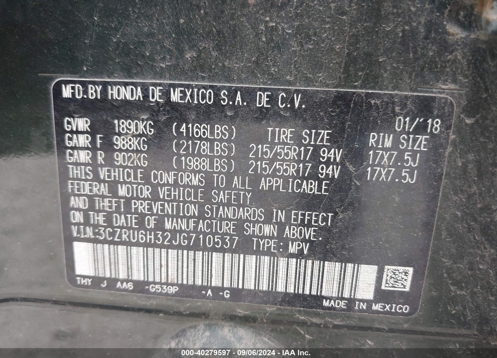2018 HONDA HR-V LX VIN: 3CZRU6H32JG710537