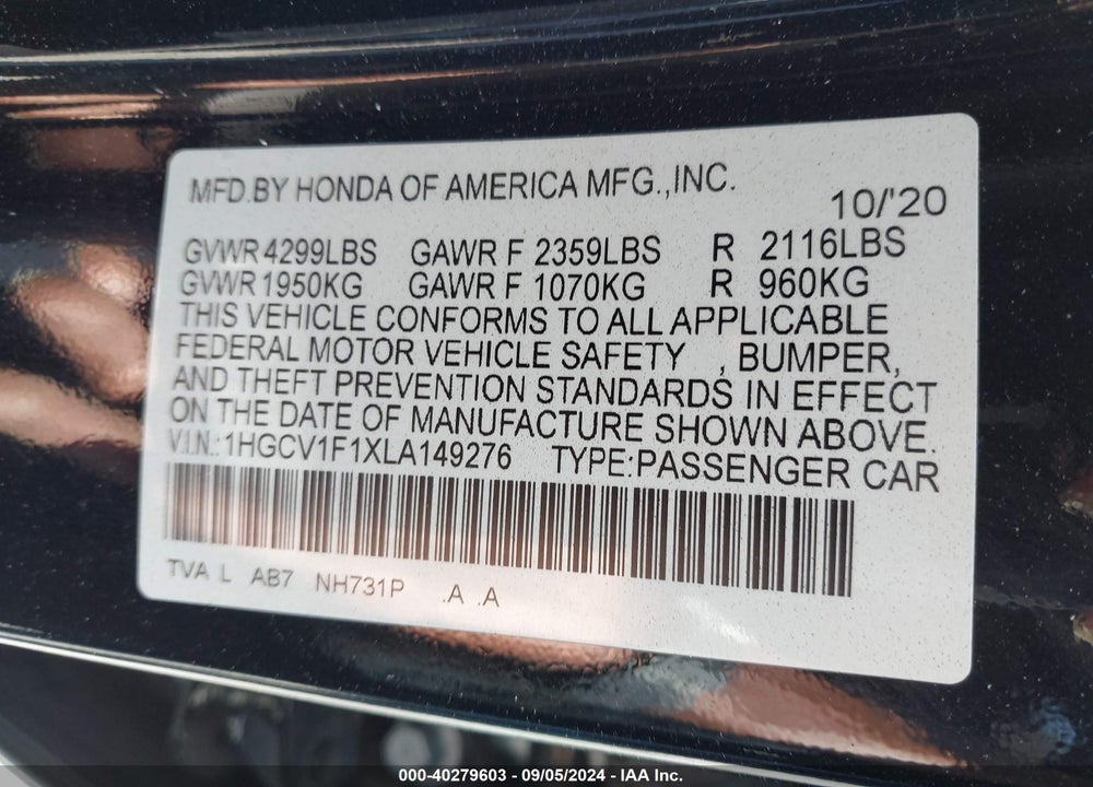 2020 HONDA ACCORD LX VIN: 1HGCV1F1XLA149276