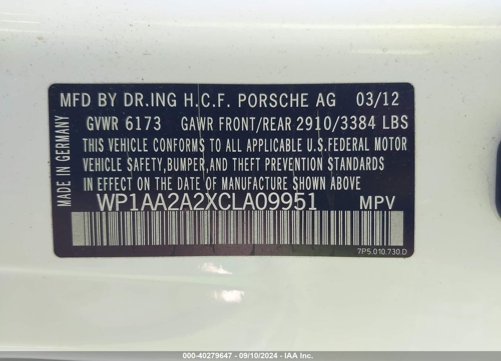 2012 PORSCHE CAYENNE VIN: WP1AA2A2XCLA09951