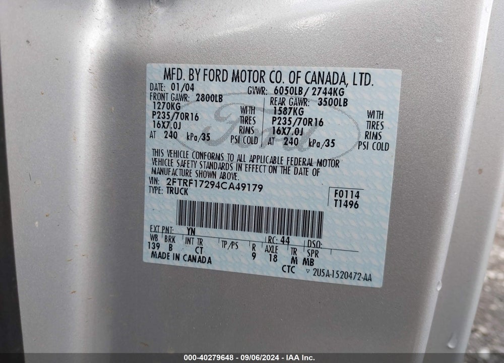 2004 FORD F-150 HERITAGE XL/XLT VIN: 2FTRF17294CA49179