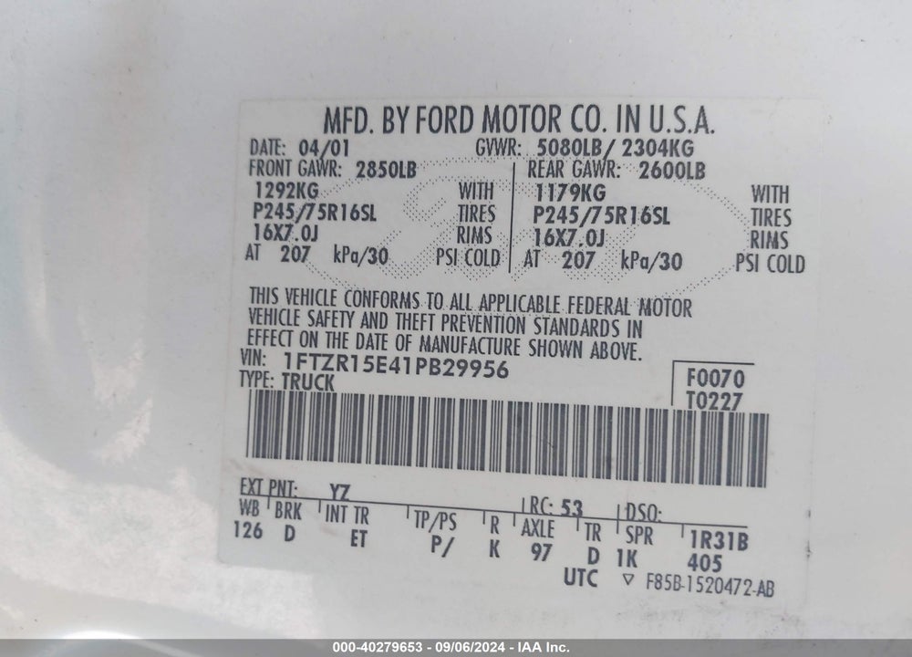 2001 FORD RANGER EDGE/XLT VIN: 1FTZR15E41PB29956