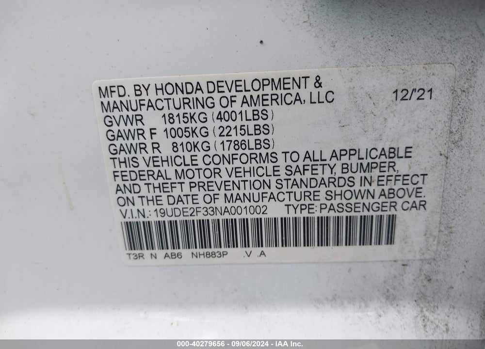 2022 ACURA ILX STANDARD VIN: 19UDE2F33NA001002