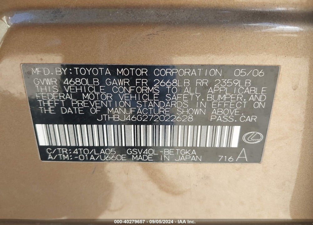 2007 LEXUS ES 350 VIN: JTHBJ46G272022628