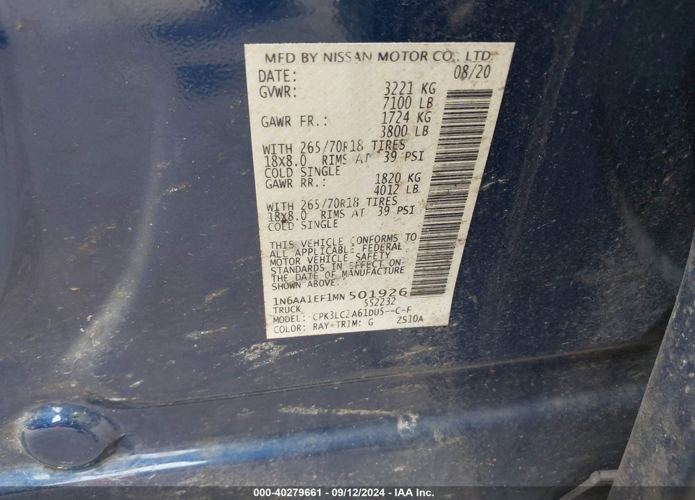 2021 NISSAN TITAN SV 4X2 VIN: 1N6AA1EF1MN501926