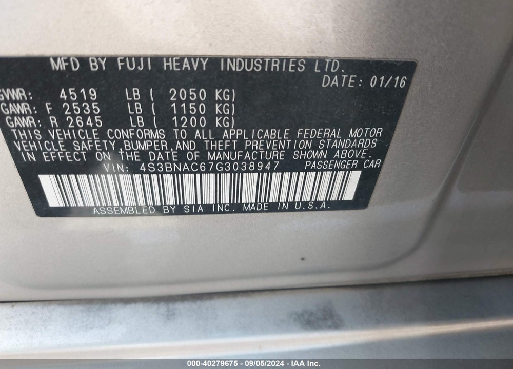2016 SUBARU LEGACY 2.5I PREMIUM VIN: 4S3BNAC67G3038947
