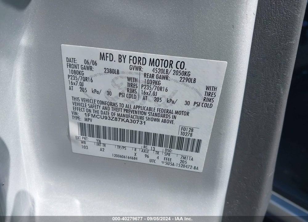 2007 FORD ESCAPE XLT VIN: 1FMCU93Z87KA30731