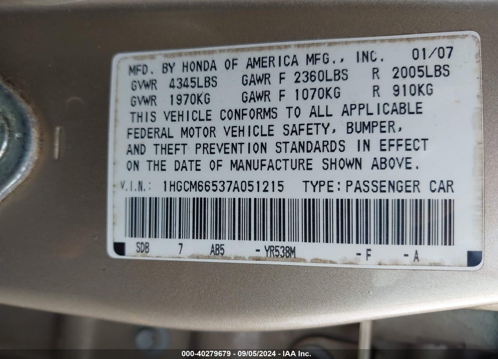 2007 HONDA ACCORD 3.0 EX VIN: 1HGCM66537A051215