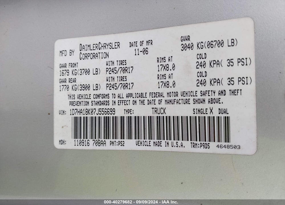 2007 DODGE RAM 1500 VIN: 1D7HA18K07J556699