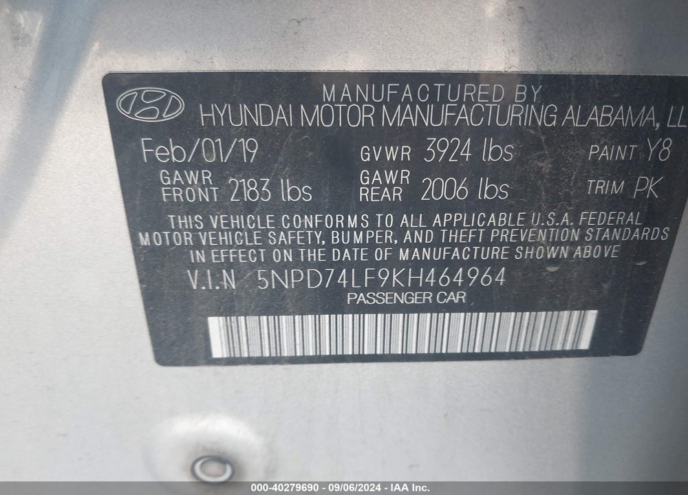 2019 HYUNDAI ELANTRA SE VIN: 5NPD74LF9KH464964