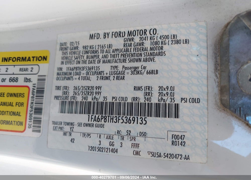 2015 FORD MUSTANG ECOBOOST VIN: 1FA6P8TH3F5369135