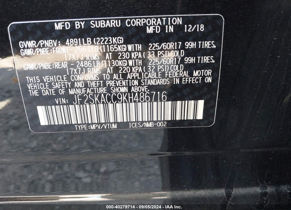 2019 SUBARU FORESTER VIN: JF2SKACC9KH486716