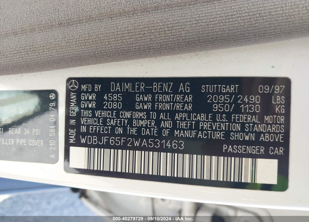 1998 MERCEDES-BENZ E 320 VIN: WDBJF65F2WA531463