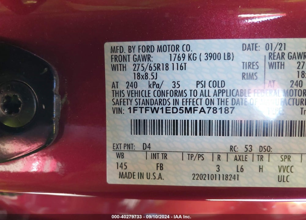 2021 FORD F-150 XLT VIN: 1FTFW1ED5MFA78187