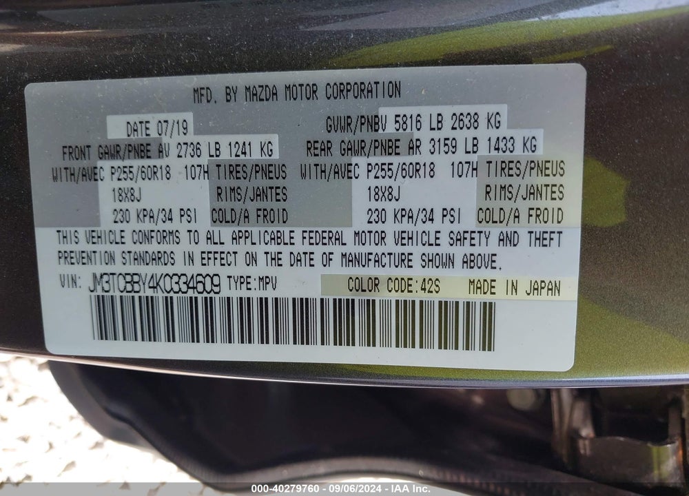 2019 MAZDA CX-9 SPORT VIN: JM3TCBBY4K0334609