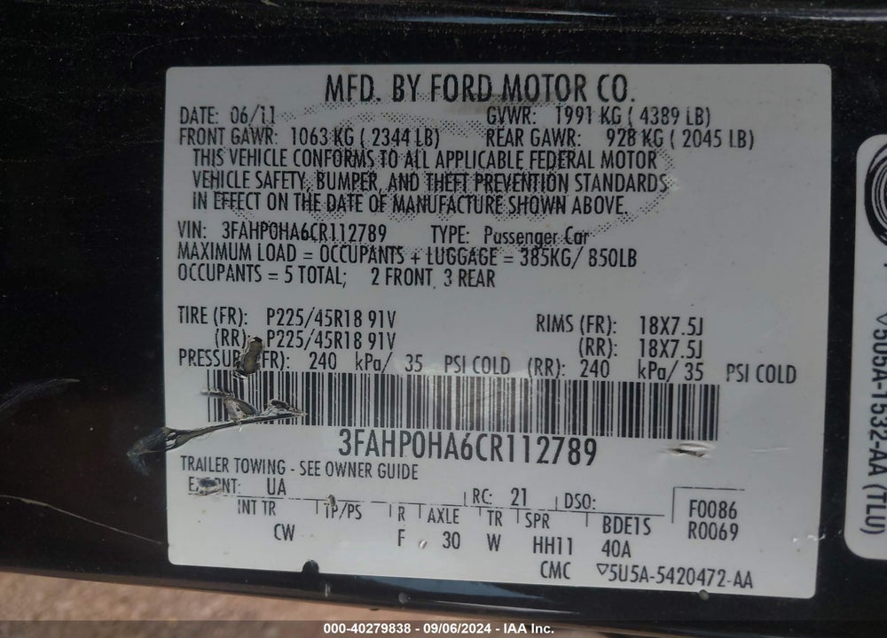 2012 FORD FUSION SE VIN: 3FAHP0HA6CR112789