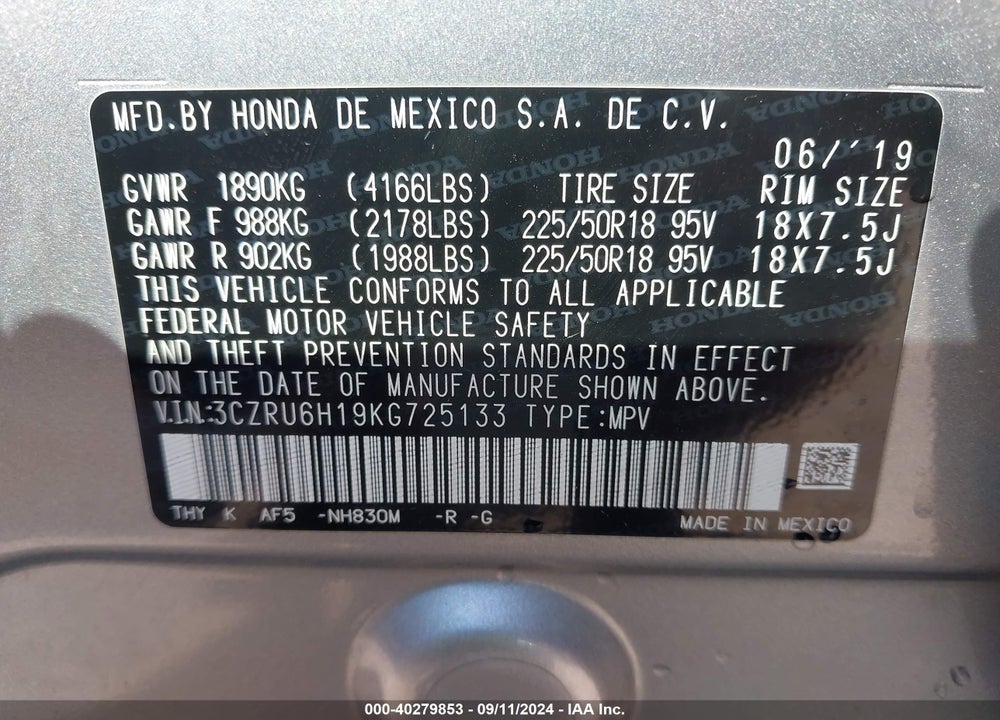 2019 HONDA HR-V SPORT VIN: 3CZRU6H19KG725133