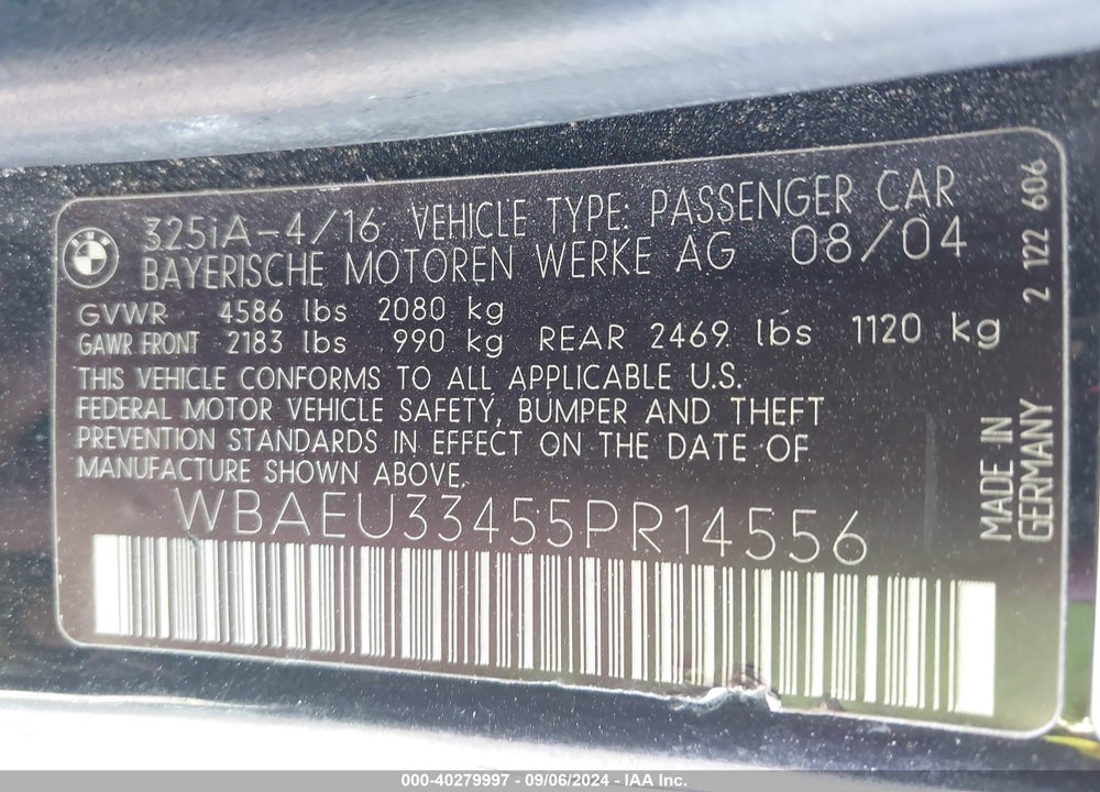 2005 BMW 325XI VIN: WBAEU33455PR14556