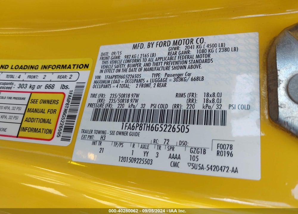 2016 FORD MUSTANG ECOBOOST VIN: 1FA6P8TH6G5226505