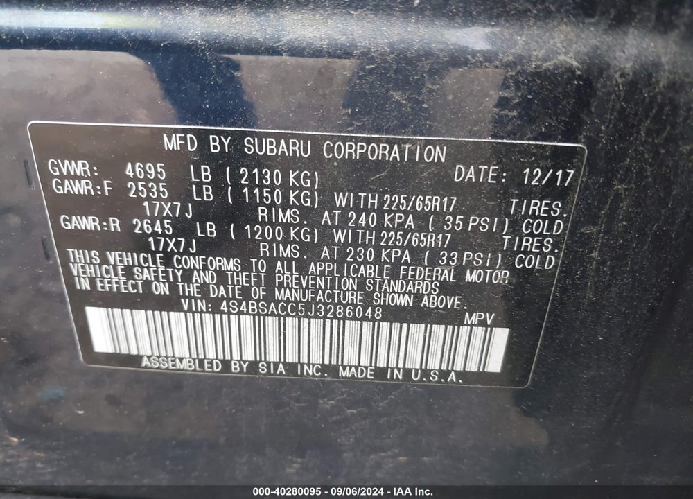2018 SUBARU OUTBACK 2.5I PREMIUM VIN: 4S4BSACC5J3286048