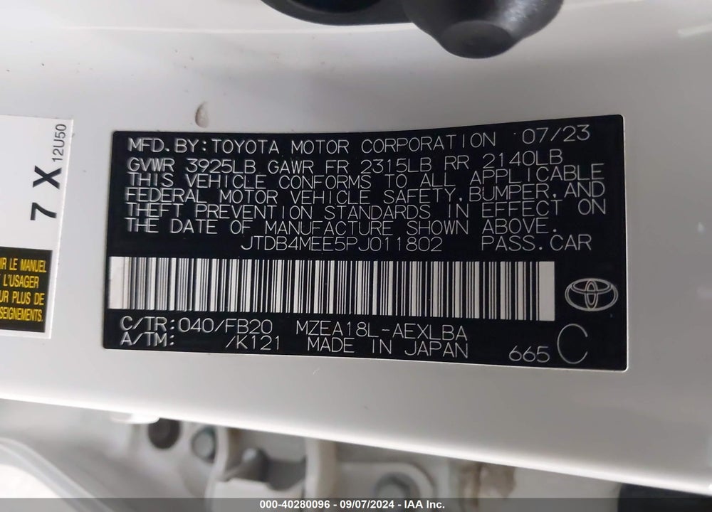 2023 TOYOTA COROLLA LE VIN: JTDB4MEE5PJ011802