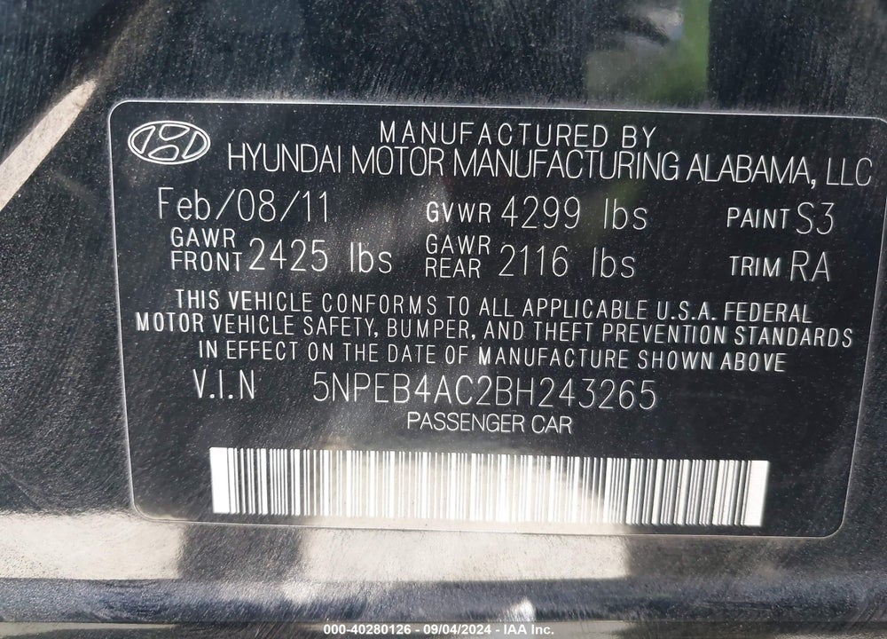 2011 HYUNDAI SONATA VIN: 5NPEB4AC2BH243265