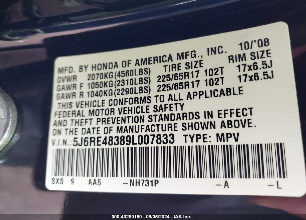 2009 HONDA CR-V LX VIN: 5J6RE48389L007833