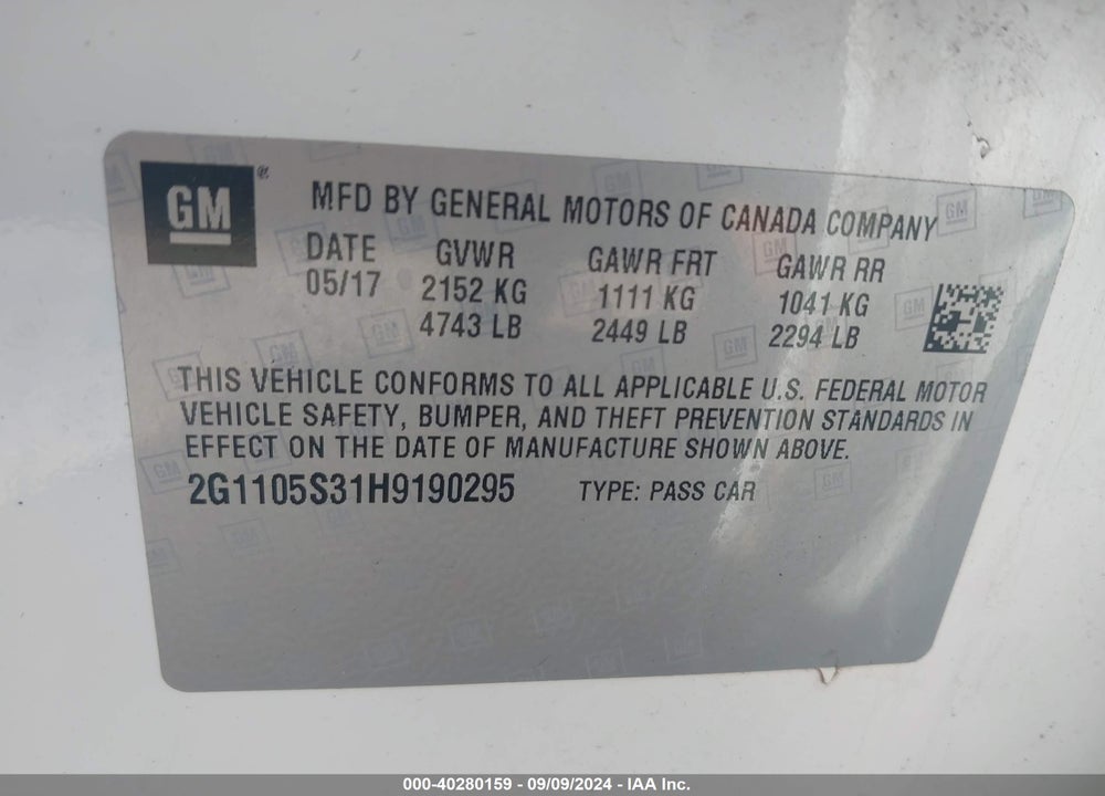 2017 CHEVROLET IMPALA 1LT VIN: 2G1105S31H9190295