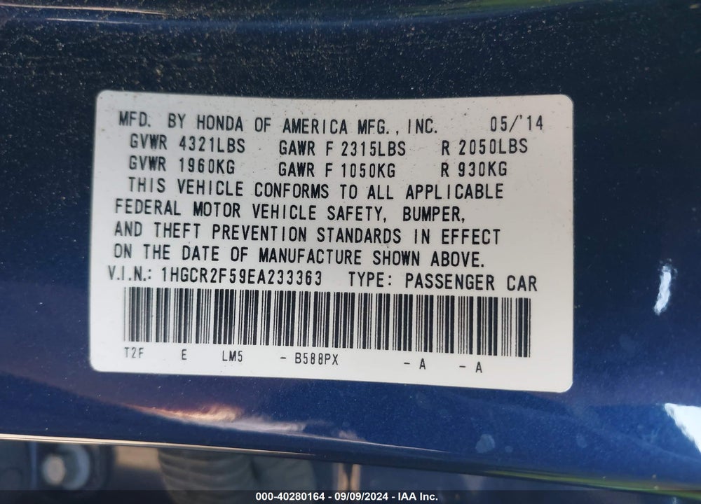 2014 HONDA ACCORD SPORT VIN: 1HGCR2F59EA233363