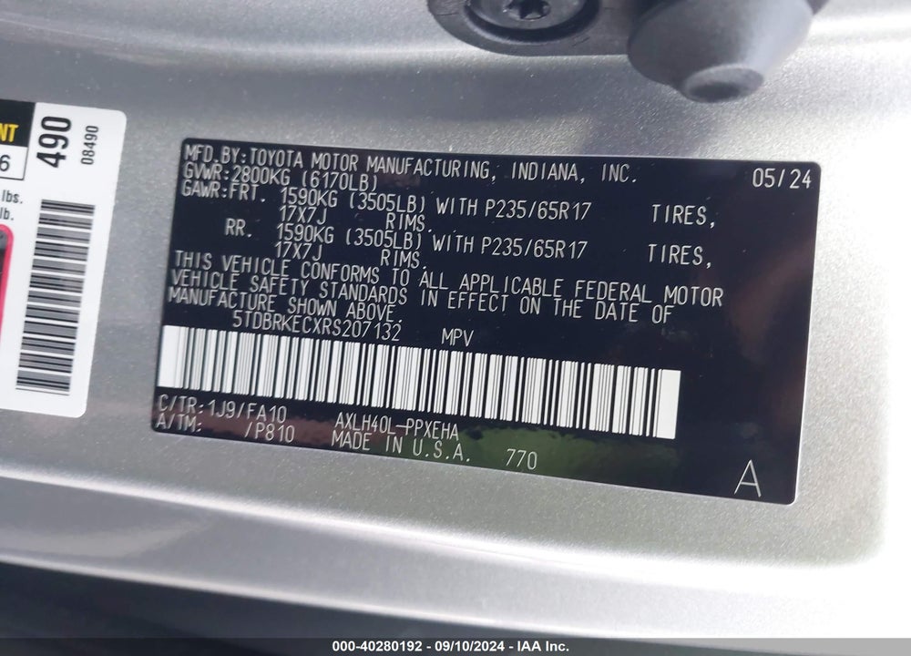 2024 TOYOTA SIENNA LE VIN: 5TDBRKECXRS207132