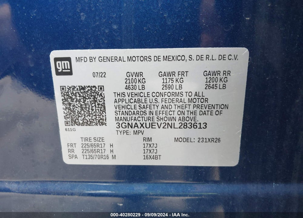 2022 CHEVROLET EQUINOX AWD LT VIN: 3GNAXUEV2NL283613