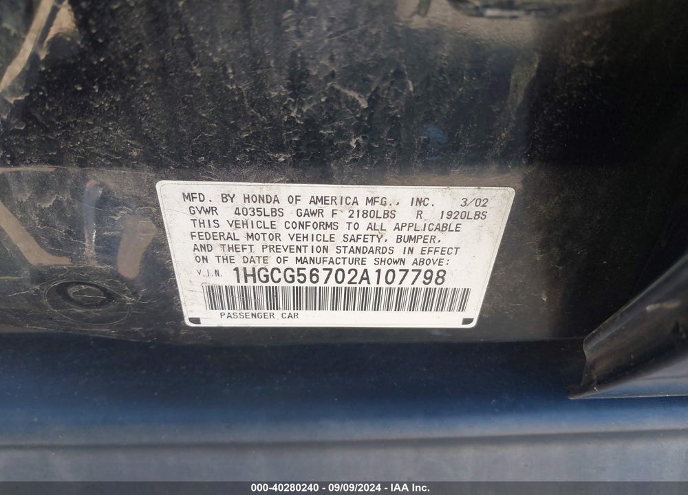 2002 HONDA ACCORD 2.3 SE VIN: 1HGCG56702A107798