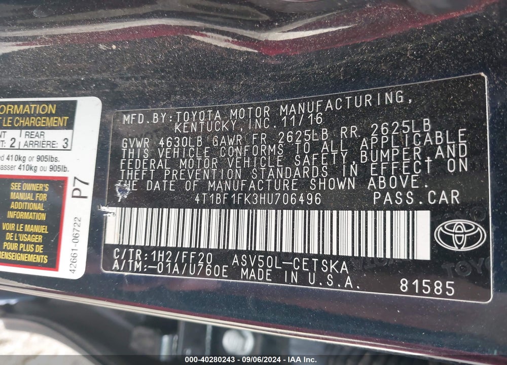 2017 TOYOTA CAMRY SE VIN: 4T1BF1FK3HU706496
