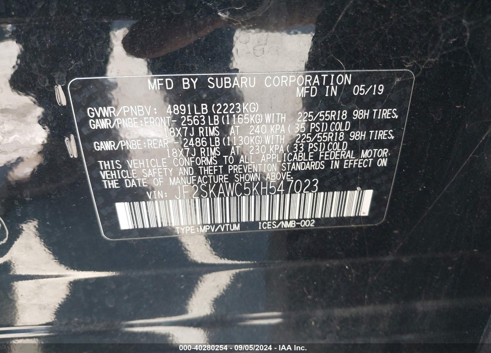 2019 SUBARU FORESTER TOURING VIN: JF2SKAWC5KH547023