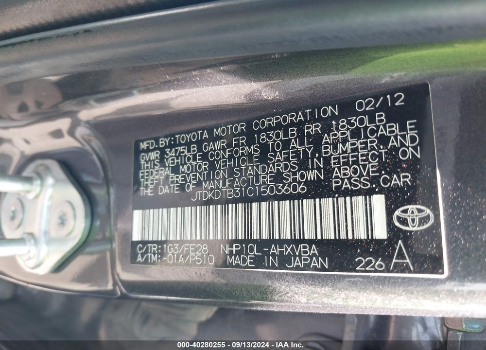 2012 TOYOTA PRIUS C ONE VIN: JTDKDTB31C1503606