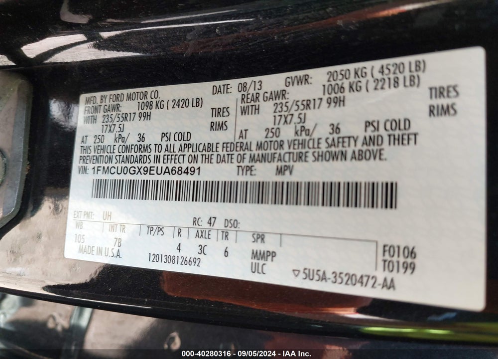 2014 FORD ESCAPE SE VIN: 1FMCU0GX9EUA68491