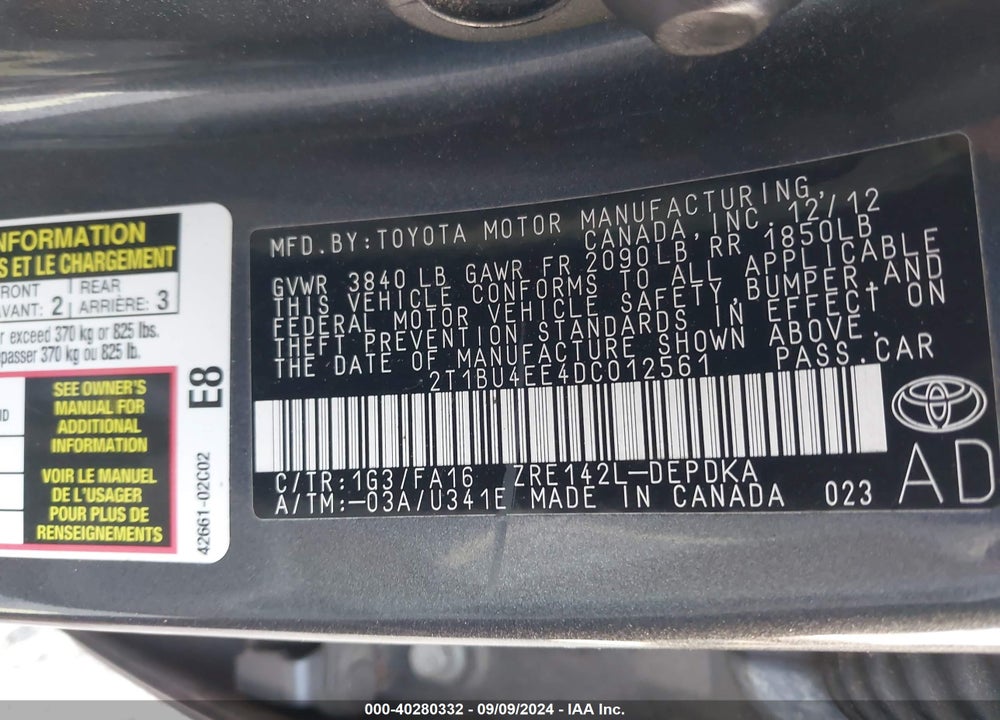 2013 TOYOTA COROLLA L VIN: 2T1BU4EE4DC012561