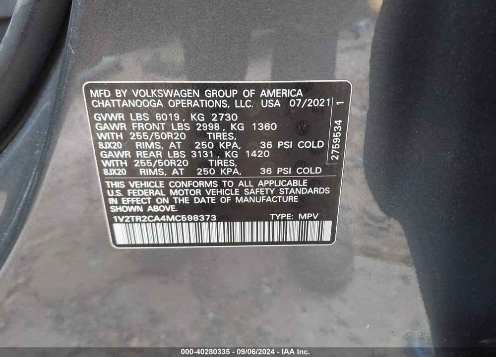 2021 VOLKSWAGEN ATLAS 3.6L V6 SEL PREMIUM VIN: 1V2TR2CA4MC598373